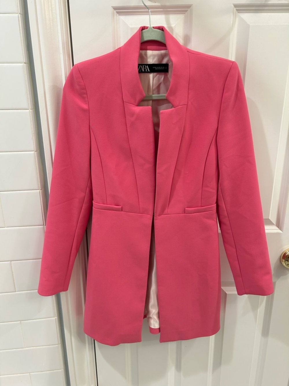 ZARA Pink Inverted Lapel Longline Minimalist Blazer Tailored Bubblegum Size XS